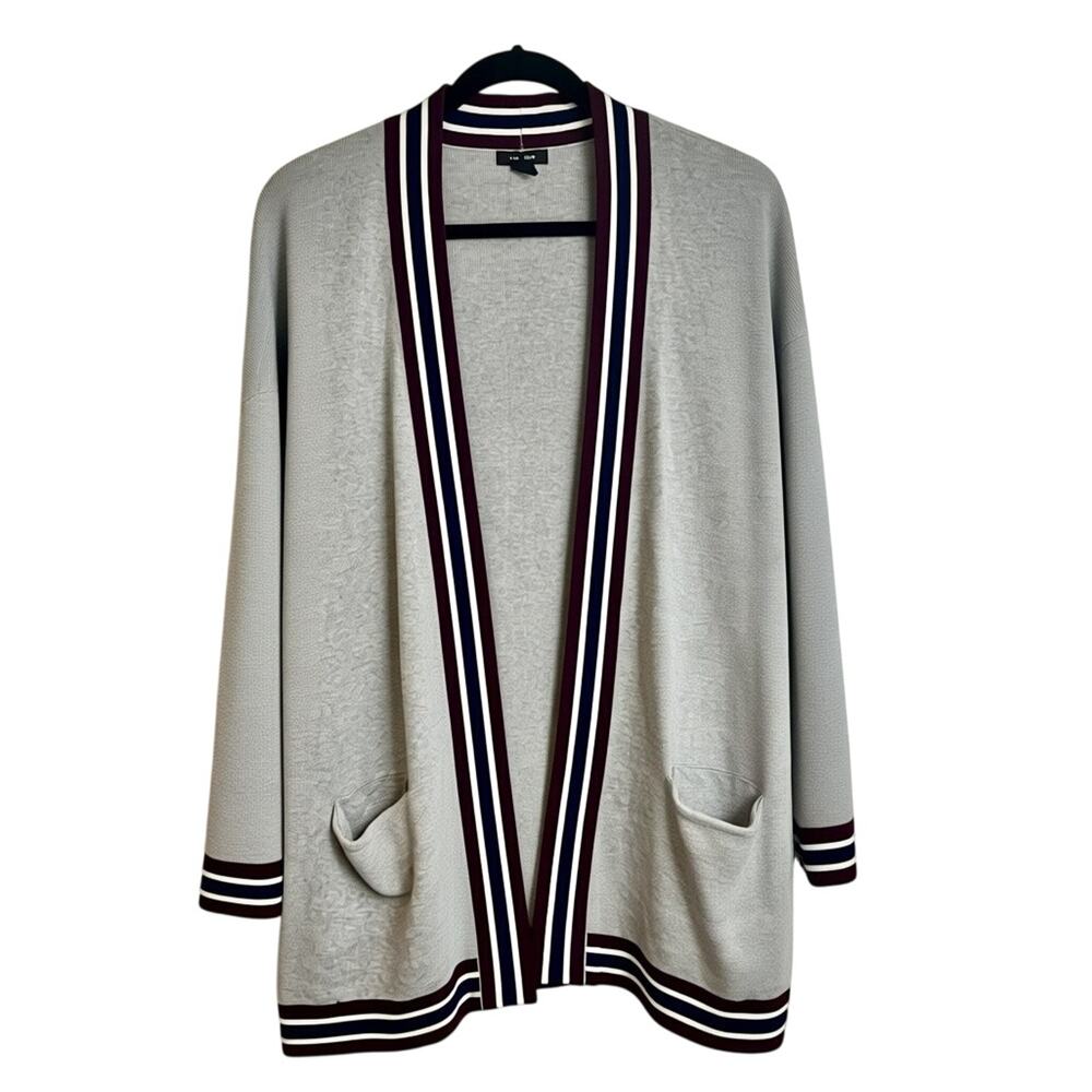 Halogen Longline Cardigan Gray Varsity Stripe Open Front Sweater Preppy Size L